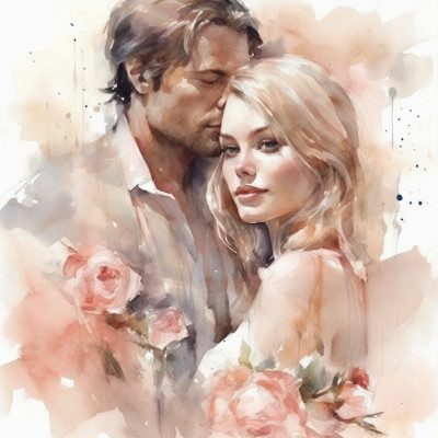 Romantic wedding scene at sunset with a bride and groom holding hands, blurred background, and a bouquet of roses in the foreground.